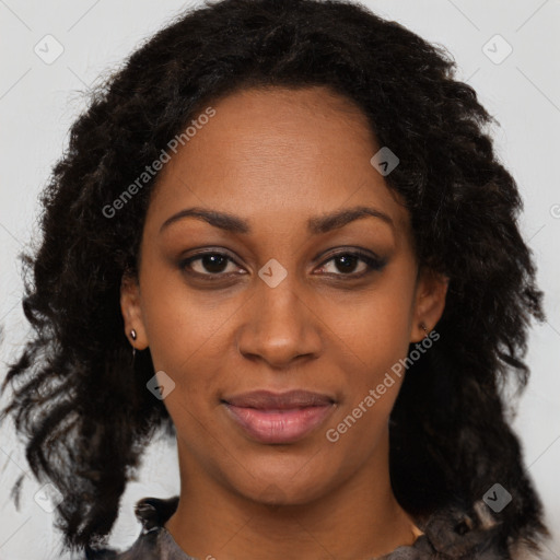 Joyful black young-adult female with medium  brown hair and brown eyes