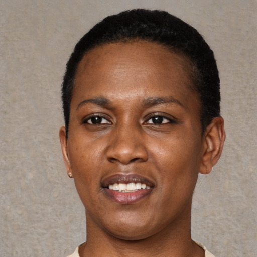 Joyful black young-adult female with short  black hair and brown eyes