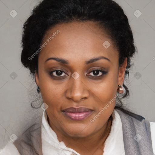 Joyful latino young-adult female with medium  black hair and brown eyes