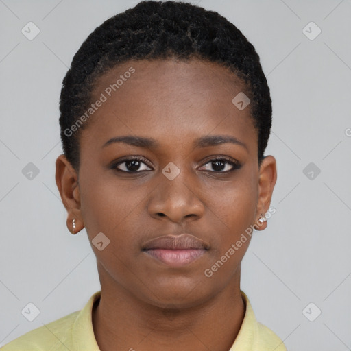 Neutral black young-adult female with short  black hair and brown eyes