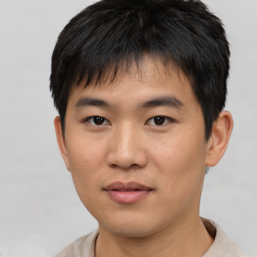 Neutral asian young-adult male with short  black hair and brown eyes
