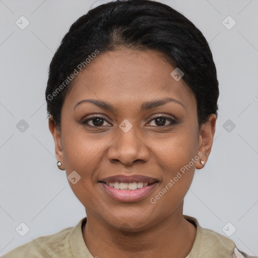 Joyful latino young-adult female with short  brown hair and brown eyes