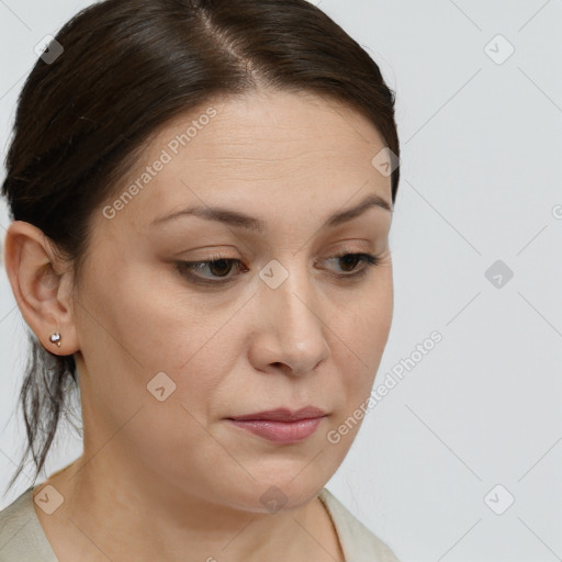 Neutral white young-adult female with medium  brown hair and brown eyes