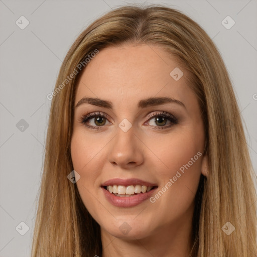 Joyful white young-adult female with long  brown hair and brown eyes