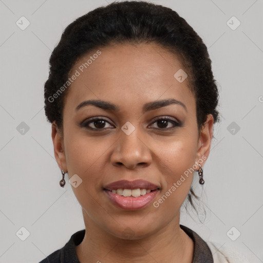 Joyful latino young-adult female with short  black hair and brown eyes