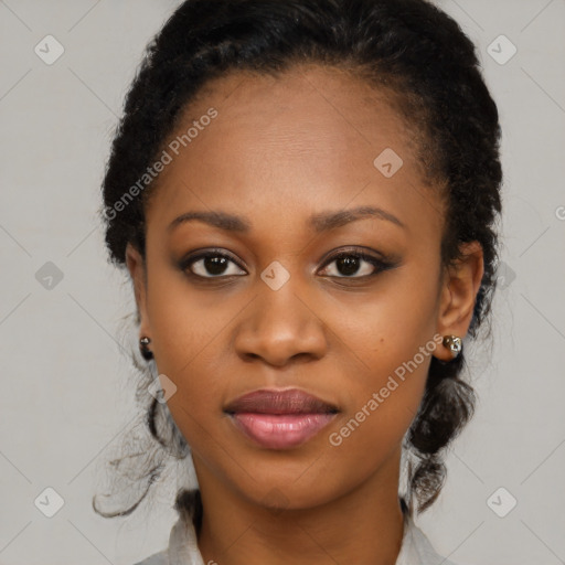 Joyful black young-adult female with medium  black hair and brown eyes