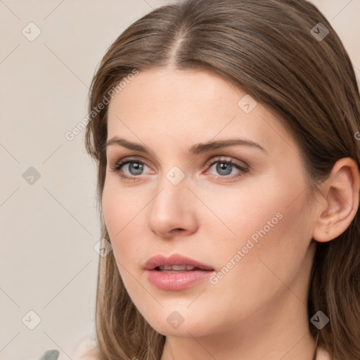 Neutral white young-adult female with long  brown hair and grey eyes