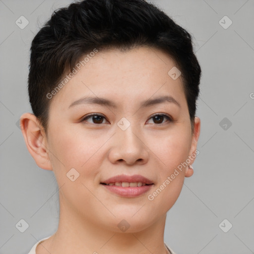 Joyful asian young-adult female with short  brown hair and brown eyes