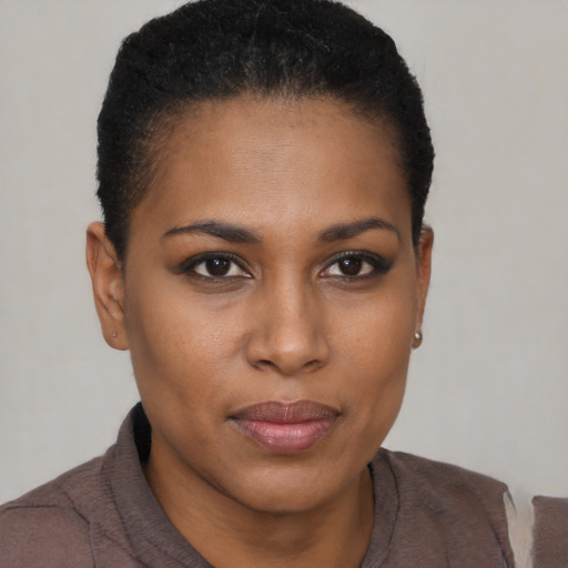 Joyful black young-adult female with short  brown hair and brown eyes
