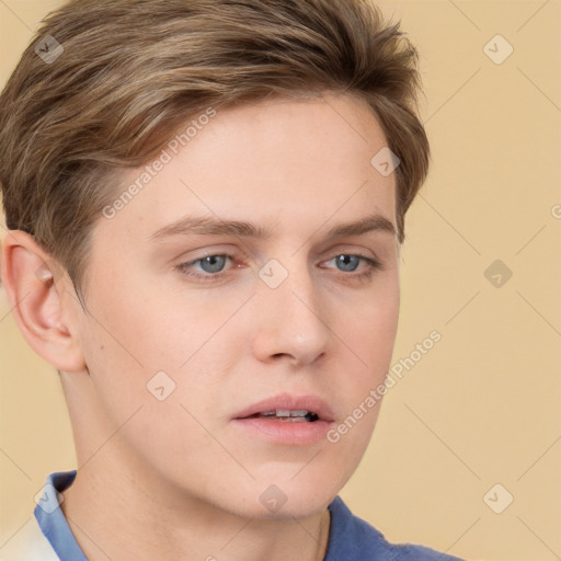 Neutral white young-adult male with short  brown hair and brown eyes