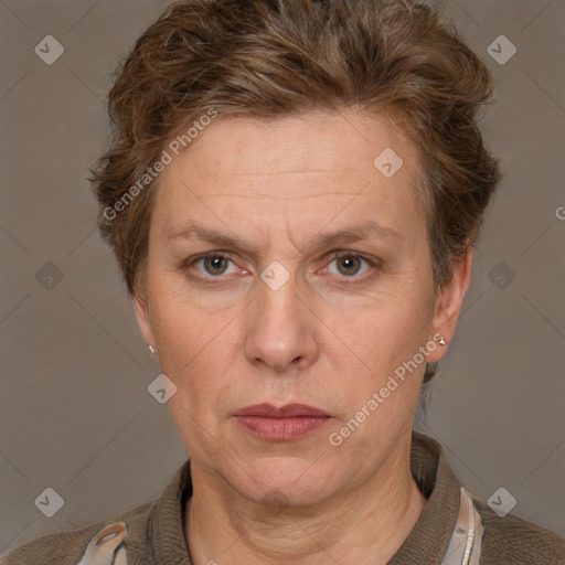 Neutral white adult female with short  brown hair and brown eyes