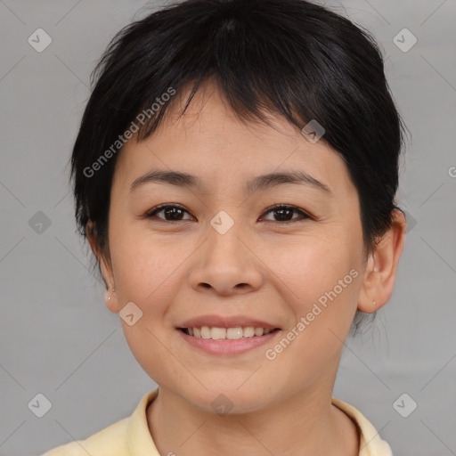 Joyful asian young-adult female with medium  brown hair and brown eyes