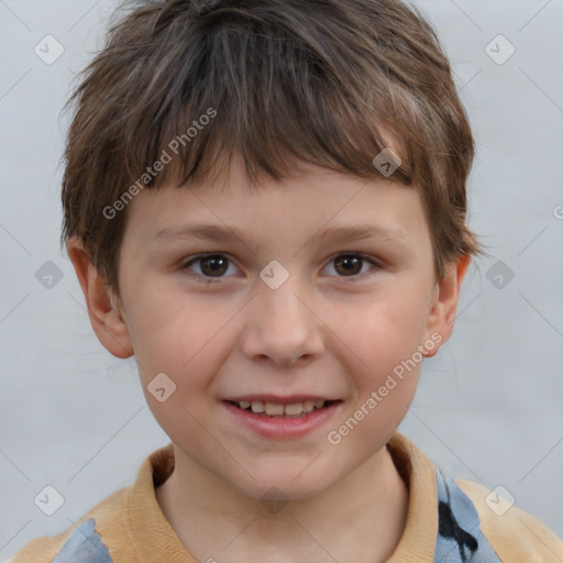 Joyful white child female with short  brown hair and brown eyes