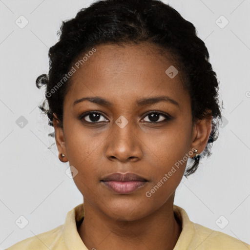 Neutral black young-adult female with short  black hair and brown eyes