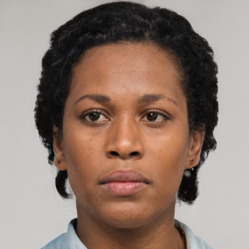 Neutral black young-adult female with short  black hair and brown eyes