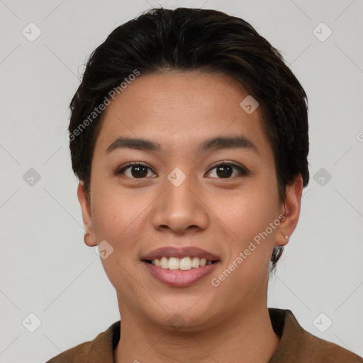 Joyful white young-adult female with short  brown hair and brown eyes