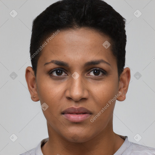 Joyful latino young-adult female with short  brown hair and brown eyes