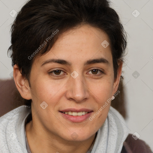 Joyful white adult female with short  brown hair and brown eyes