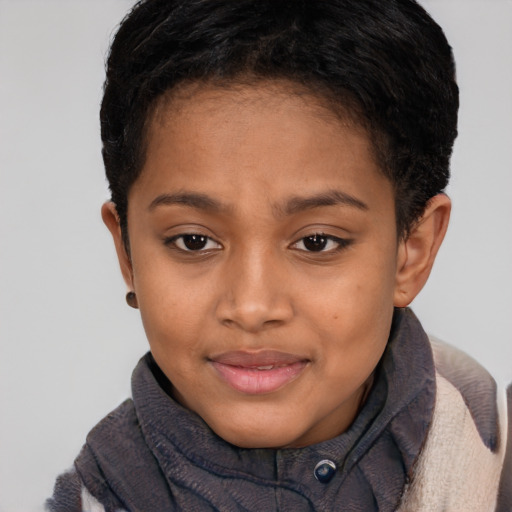 Joyful black child female with short  brown hair and brown eyes