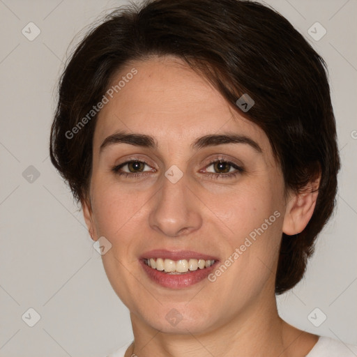 Joyful white young-adult female with medium  brown hair and brown eyes