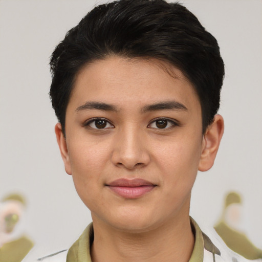 Joyful asian young-adult female with short  black hair and brown eyes