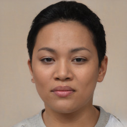 Joyful asian young-adult female with short  black hair and brown eyes