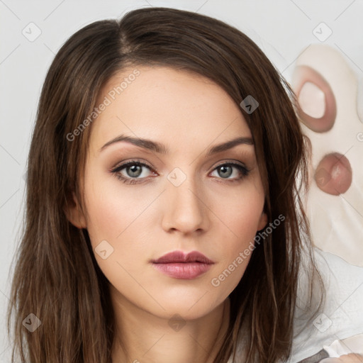 Neutral white young-adult female with medium  brown hair and brown eyes