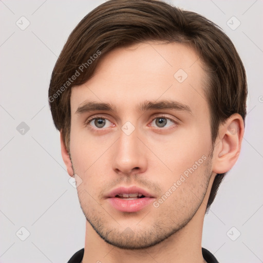 Neutral white young-adult male with short  brown hair and brown eyes