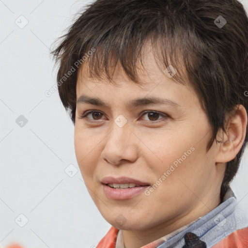 Joyful white young-adult female with short  brown hair and brown eyes