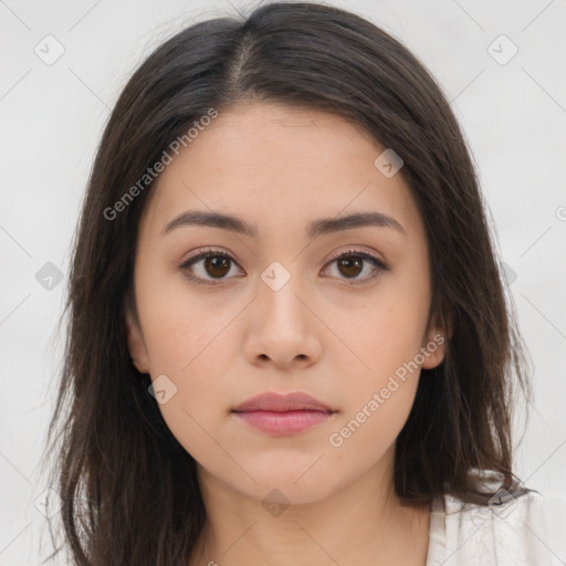 Neutral white young-adult female with long  brown hair and brown eyes