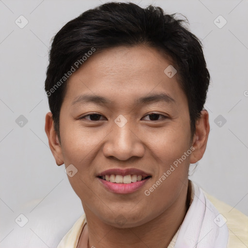 Joyful asian young-adult female with short  brown hair and brown eyes