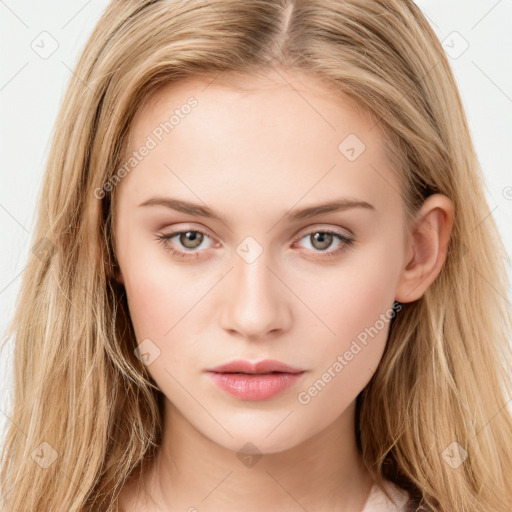 Neutral white young-adult female with long  brown hair and brown eyes