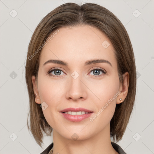 Joyful white young-adult female with medium  brown hair and grey eyes