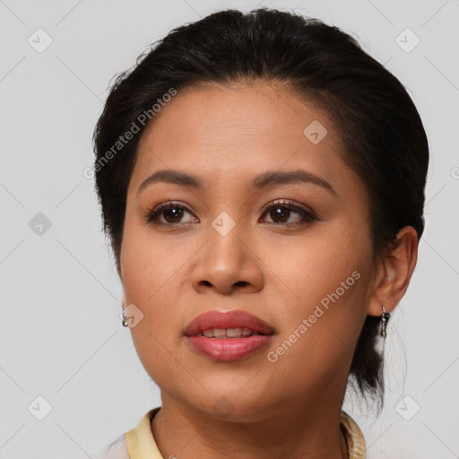 Joyful asian young-adult female with medium  brown hair and brown eyes