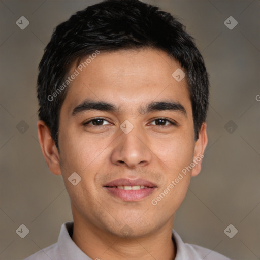 Joyful asian young-adult male with short  brown hair and brown eyes