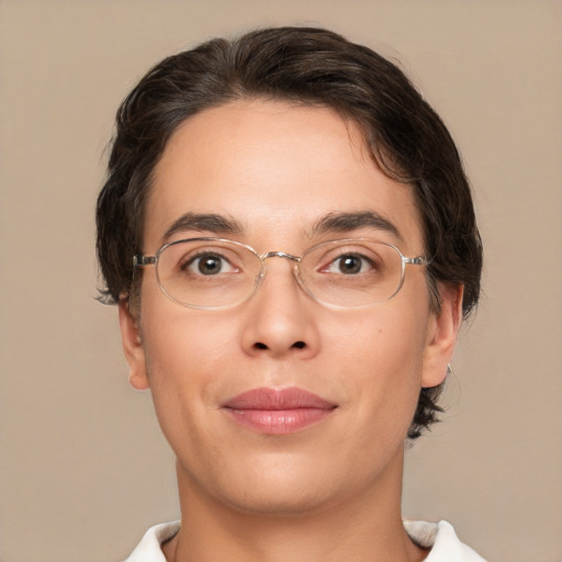 Joyful white young-adult male with medium  brown hair and brown eyes