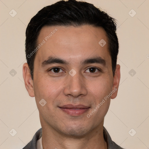 Joyful white young-adult male with short  black hair and brown eyes