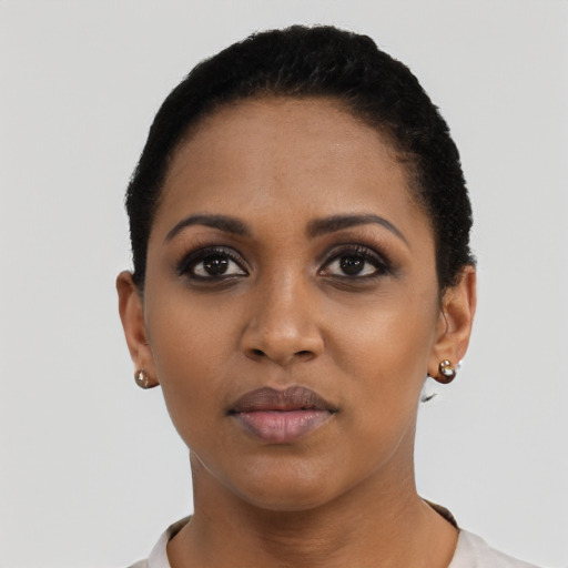 Neutral black young-adult female with short  black hair and brown eyes