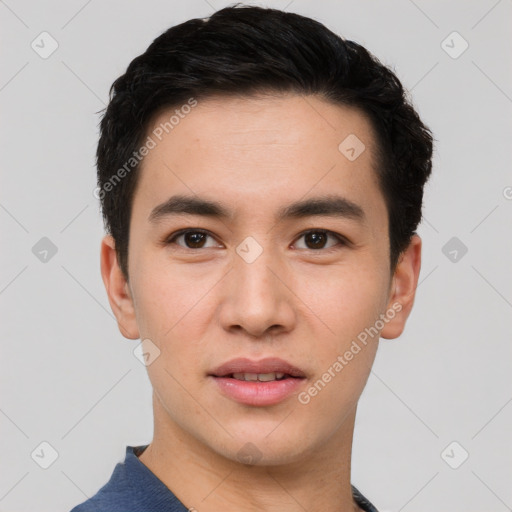 Neutral asian young-adult male with short  black hair and brown eyes