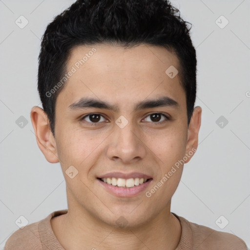 Joyful latino young-adult male with short  brown hair and brown eyes