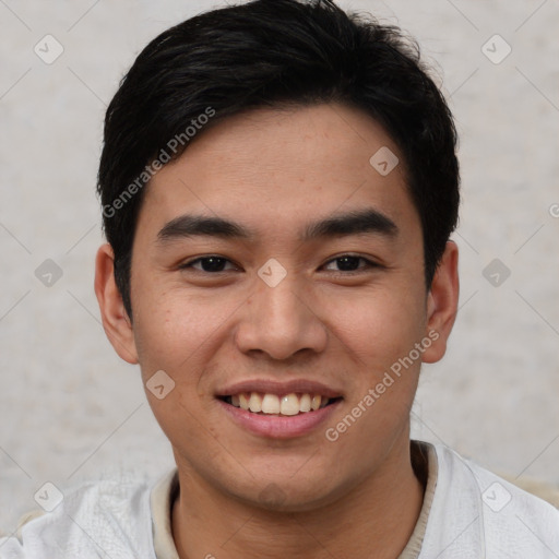 Joyful asian young-adult male with short  black hair and brown eyes