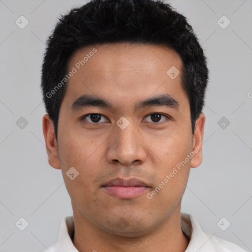 Neutral asian young-adult male with short  black hair and brown eyes