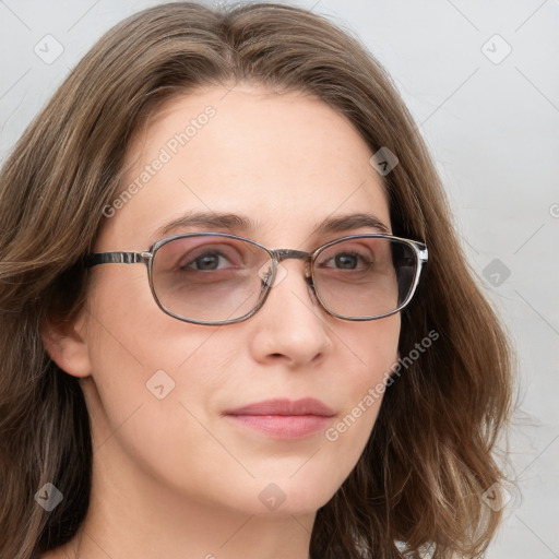 Joyful white young-adult female with long  brown hair and blue eyes