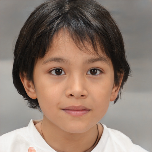 Joyful white child female with medium  brown hair and brown eyes