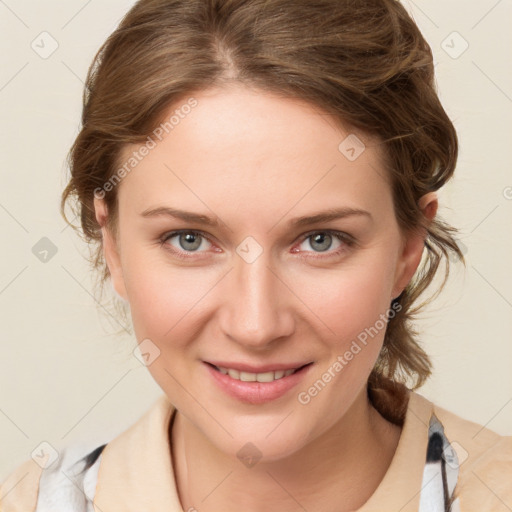 Joyful white young-adult female with medium  brown hair and blue eyes