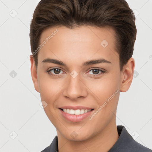 Joyful white young-adult female with short  brown hair and brown eyes