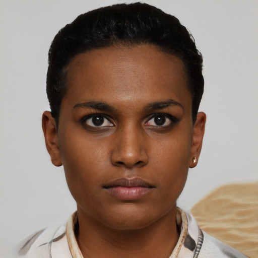 Neutral black young-adult female with short  brown hair and brown eyes