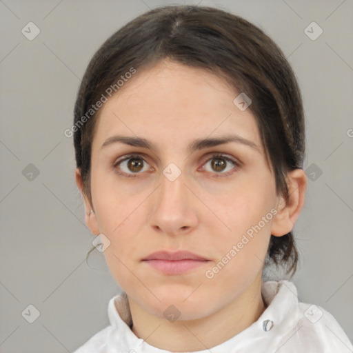 Neutral white young-adult female with medium  brown hair and brown eyes