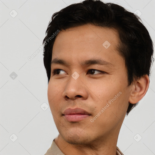 Neutral asian young-adult male with short  black hair and brown eyes