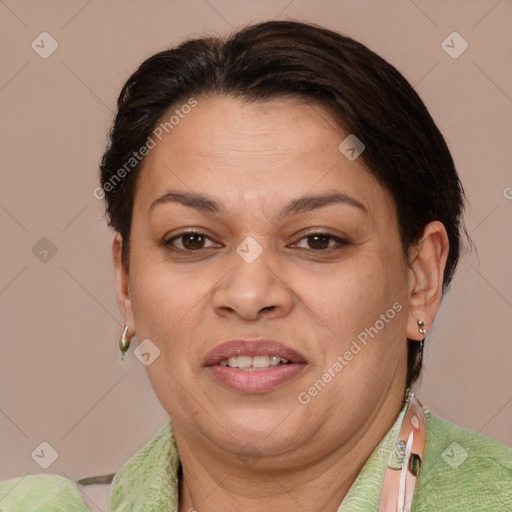 Joyful white adult female with short  brown hair and brown eyes